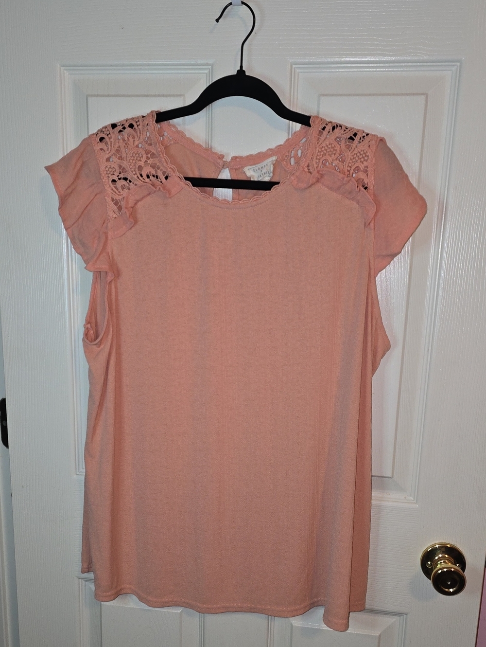 Lace Yoke Ruffle Sleeve Blouse in Peach